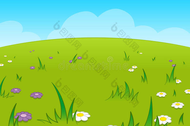 蓝天映衬下美丽的绿色卡通草地