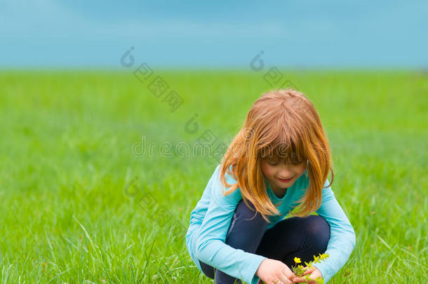 可爱的小女孩在草地上采花