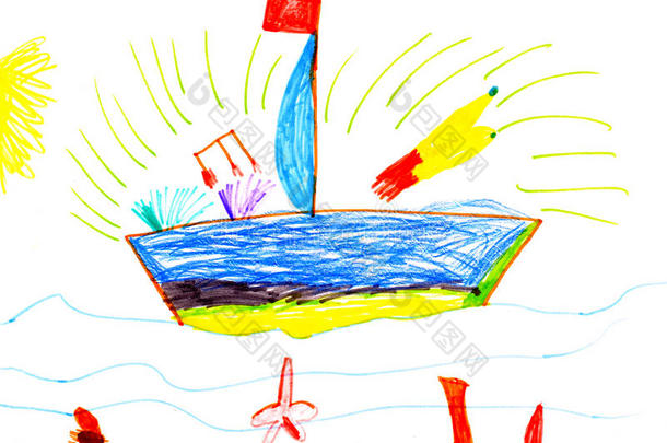 儿童绘画。船与海