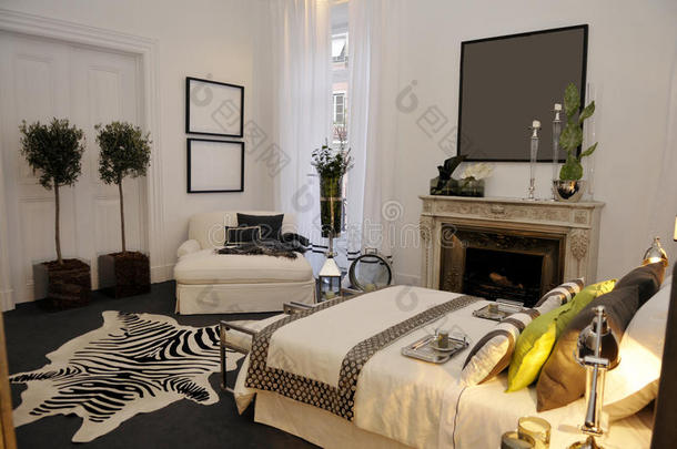 带壁炉的白色卧室，斑马地毯，现代<strong>家居</strong>装饰