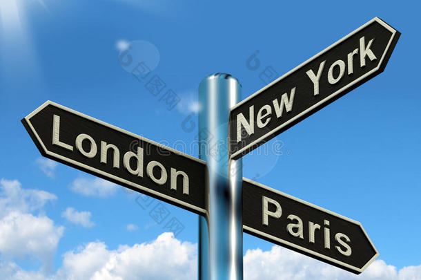 伦敦-巴黎-纽约路标，展示旅游和目的地