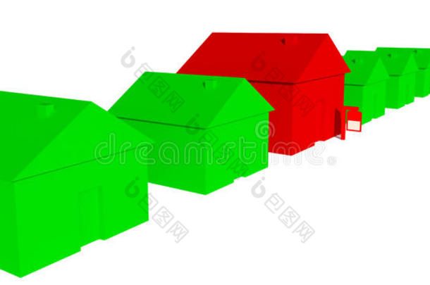 有一个带标志的红色房子的三维绿色房子
