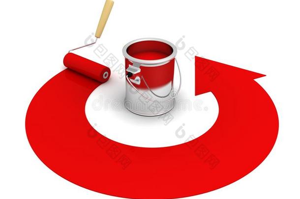 带滚轮和红色圆箭头的开放式油漆罐
