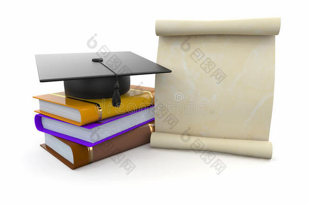 毕业典礼。毕业证和书籍