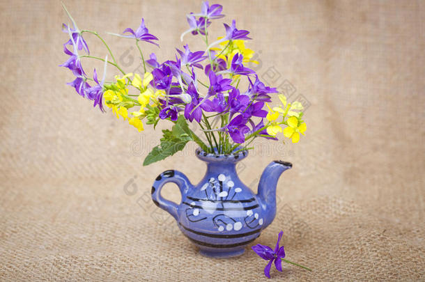 陶瓷茶壶里的一束花