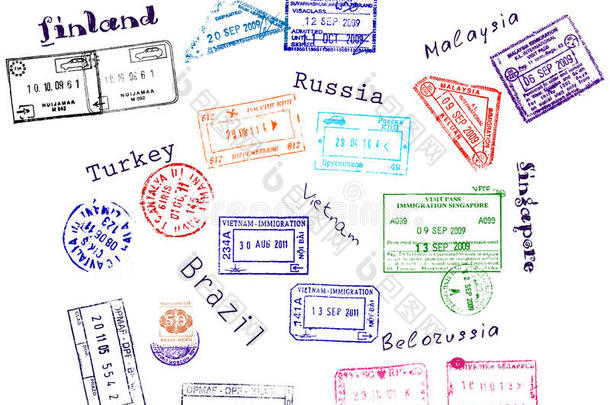 9个国家的真实签证邮票