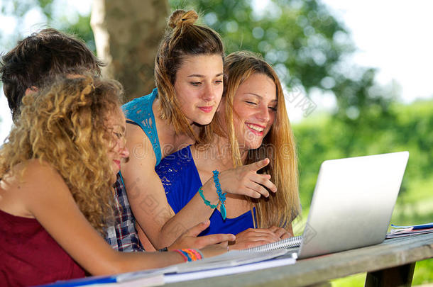 一群年轻学生在户外使用笔记本电脑