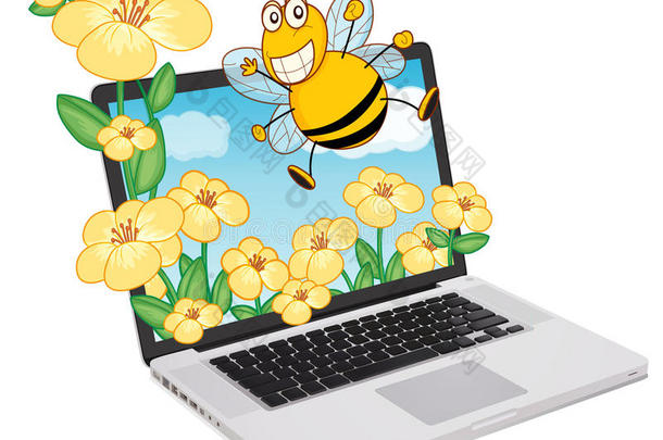 笔记本电脑和蜜蜂，花