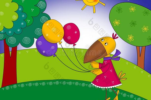 小乌鸦带着气球。卡通