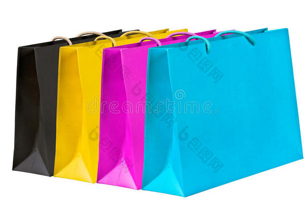 黑色，黄色，洋红，青色购物袋。