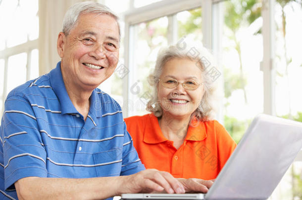 中国老年夫妇在家使用笔记本电脑