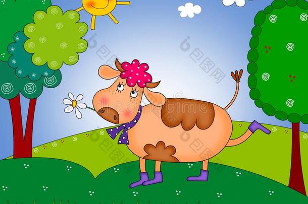 快乐的奶牛在草地上散步