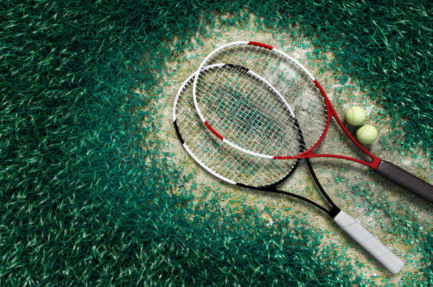 网球拍和网球场上的网球