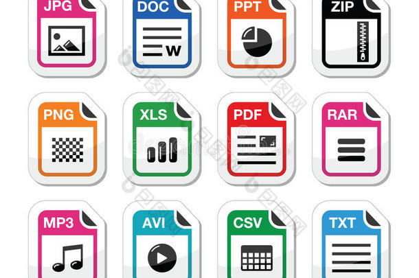 文件类型图标作为标签集-zip、pdf、jpg、doc