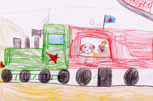 儿童素描。乘火车旅行的狗