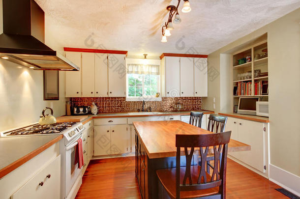 工艺舒适的白色厨房，硬木地板。