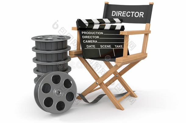 电影业。制片人椅子和电影胶片。