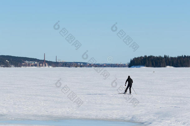 在结冰的湖边滑雪