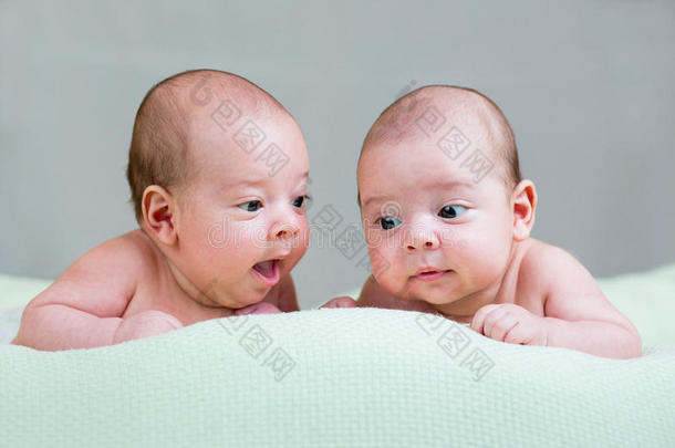 新生儿双胞胎男孩趴着