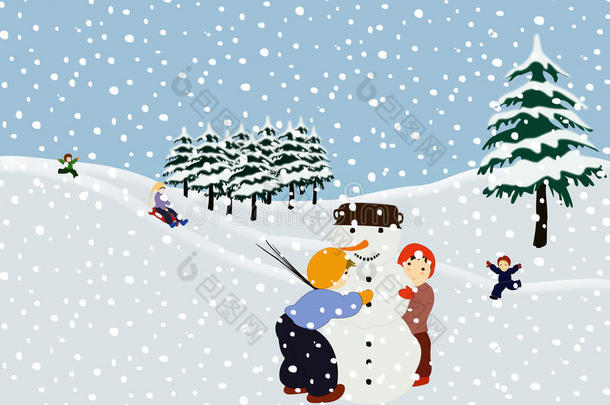 孩子们<strong>堆雪人</strong>。冬季插图。