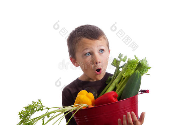 小男孩提着一篮子新鲜蔬菜
