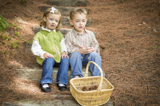 两个孩子站在木台阶上，提着一篮松果