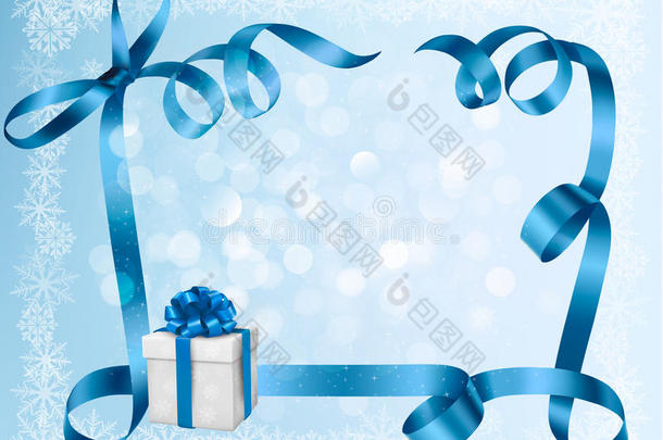 带蓝色礼品蝴蝶结和礼品盒的假日背景