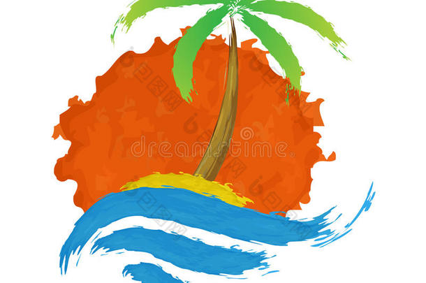 有海的岛上的热带棕榈树。