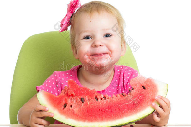 小女孩在餐桌上吃西瓜