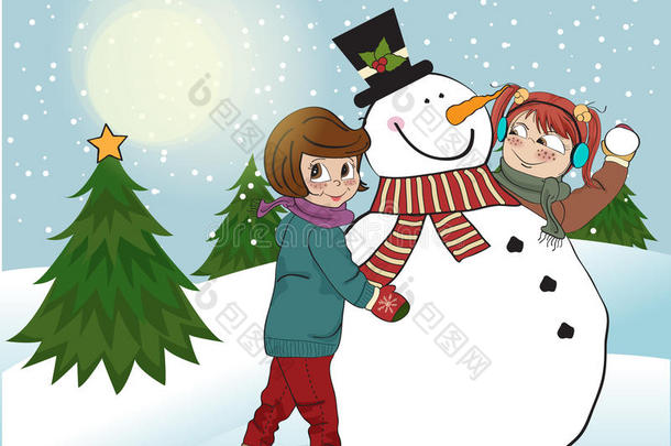 两个快乐的女孩在堆雪人。矢量插图