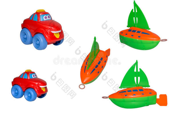 一套玩具，游艇和欢快的出租车。