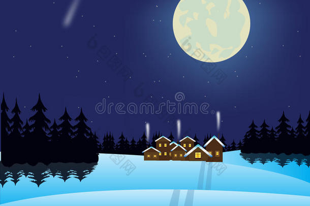 冬天的夜晚和树林里的村庄