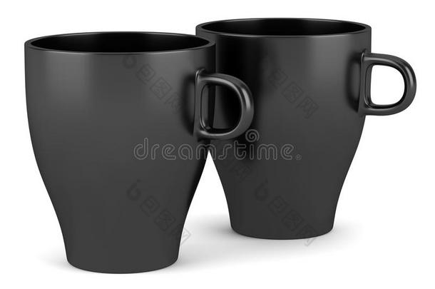 两个白色隔离的黑色陶瓷杯