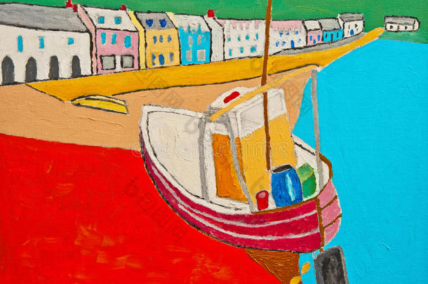 沙滩上的渔船：画布上的油画