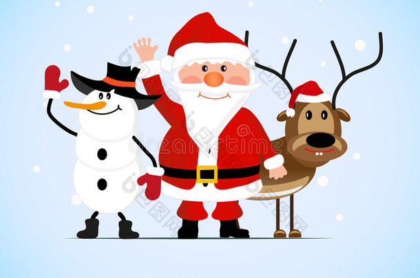 圣诞老人带着欢快的鹿和雪人