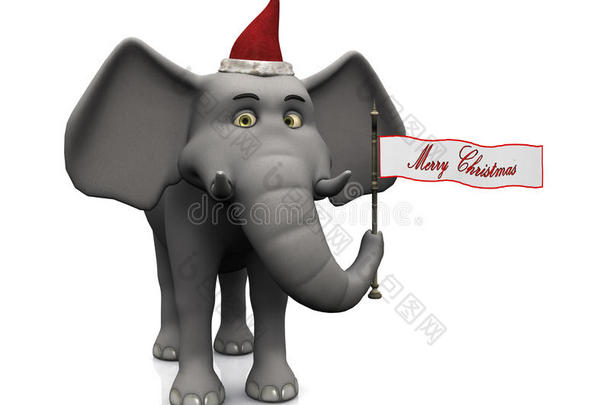 拿着圣诞快乐旗帜的卡通大象。