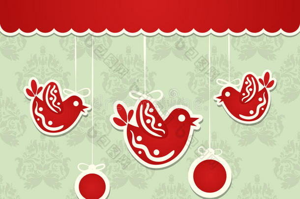 红色背景，鸟和圣诞装饰