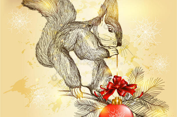 圣诞和新年贺卡，可爱的松鼠拿着红色的圣诞包