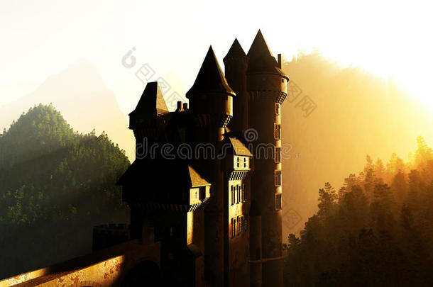 城堡日落日出在山上三维渲染