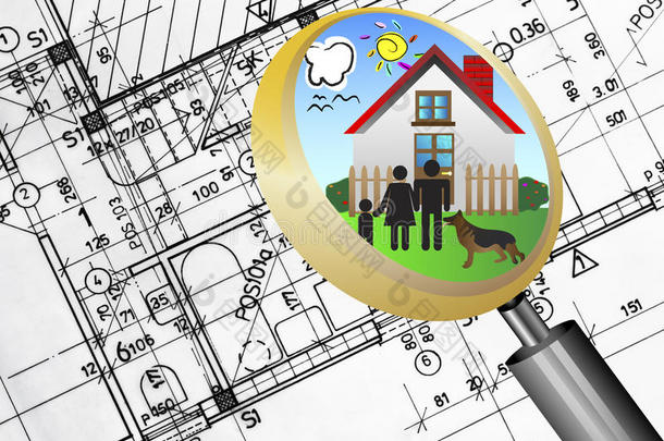 建筑规划蓝图房地产商业理念与放大镜镜头幸福家庭