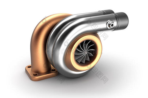汽车涡轮3d概念。白色的钢涡轮增压器。