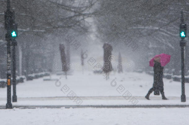 柏林的冬天，街上行人和降雪