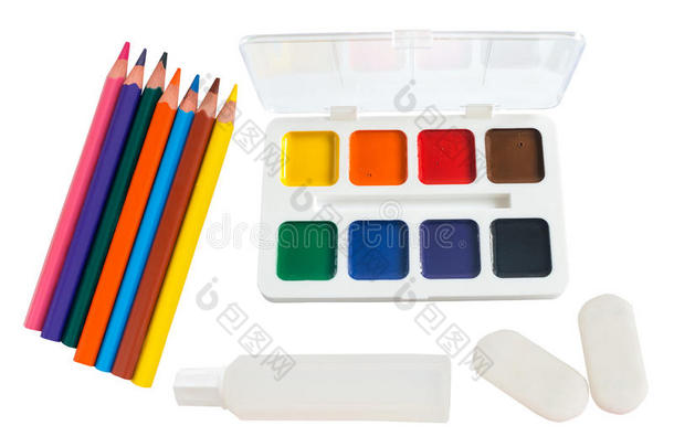 学校配件，铅笔，橡皮擦，胶水，白底颜料