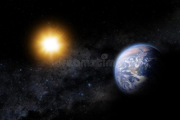 太阳和地球在太空中的图解。以银河为背景