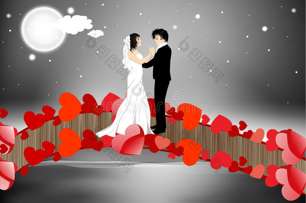 情人节的背景是新婚夫妇在爱情桥上跳舞。每股收益10。