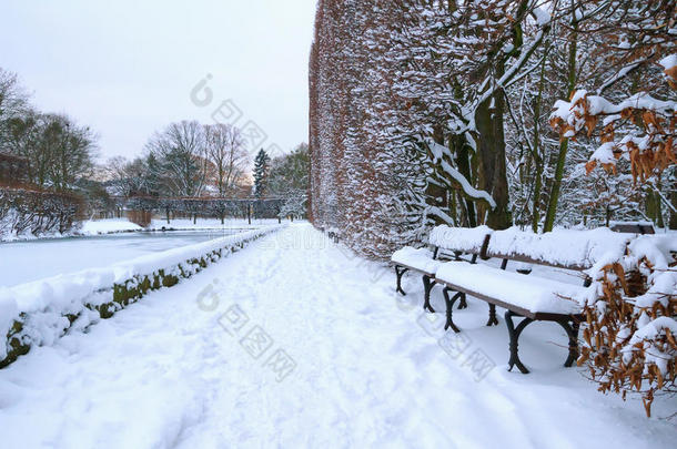 雪冬公园里的长凳