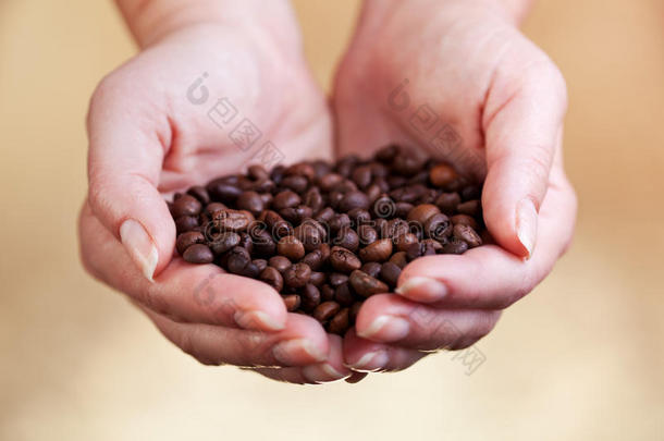 女人手心里的咖啡豆