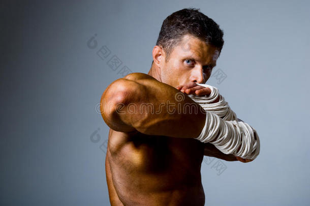 拳击手打斗姿势的肖像