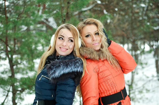 两个快乐的漂亮女孩在冬日摆姿势