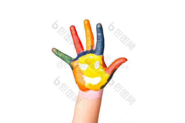 用彩色颜料画出微笑的彩色手作为标志。